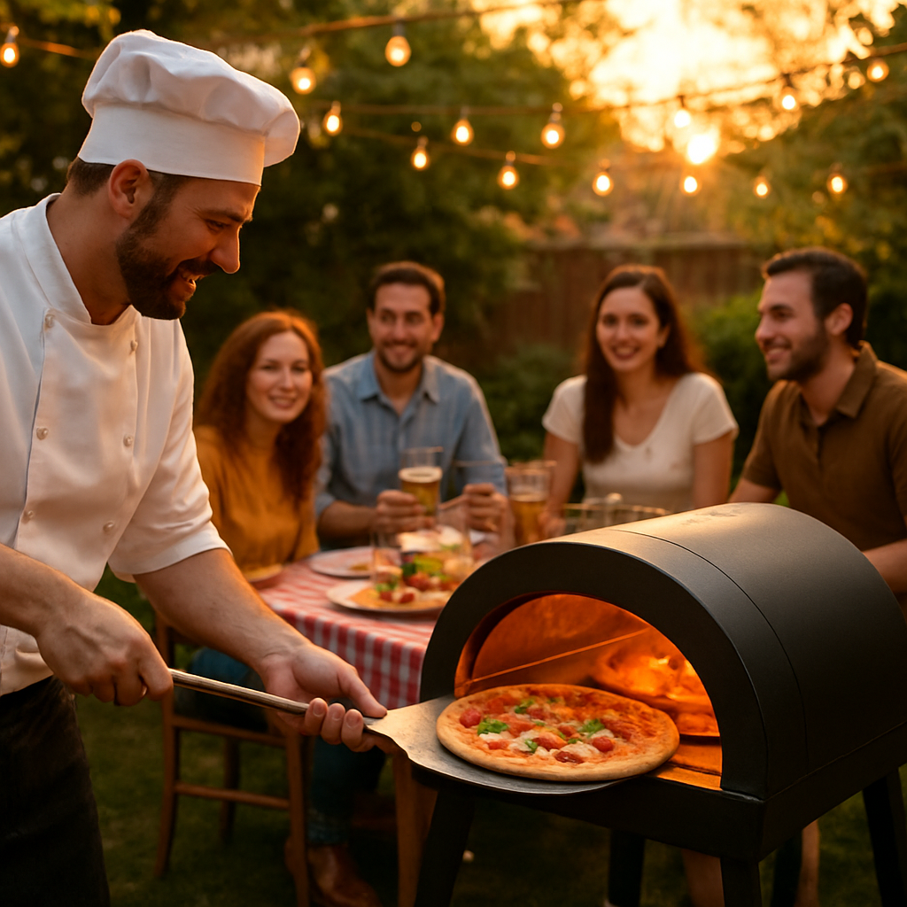 A chef baking fresh pizza in a wood-fired oven at a backyard pizza party