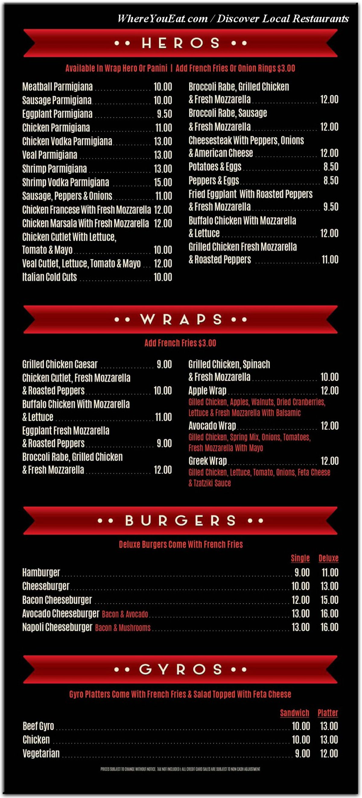 Napoli Pizza Menu
