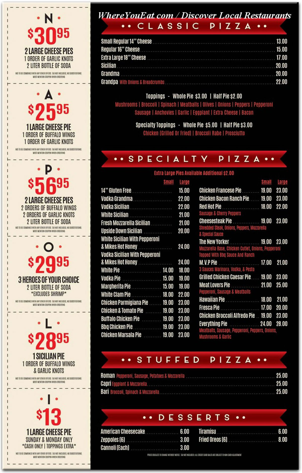 Napoli Pizza Menu