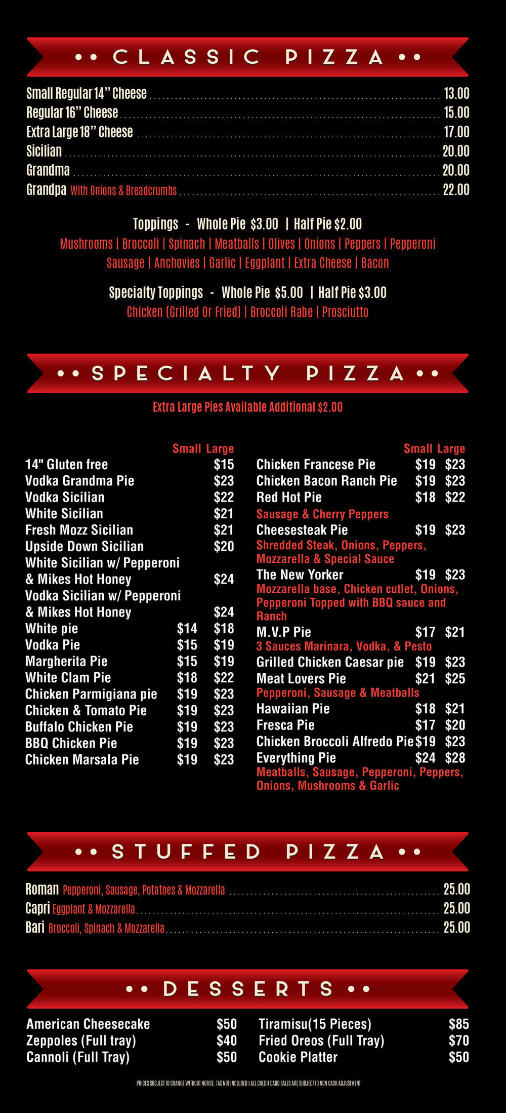 Napoli Pizza Menu
