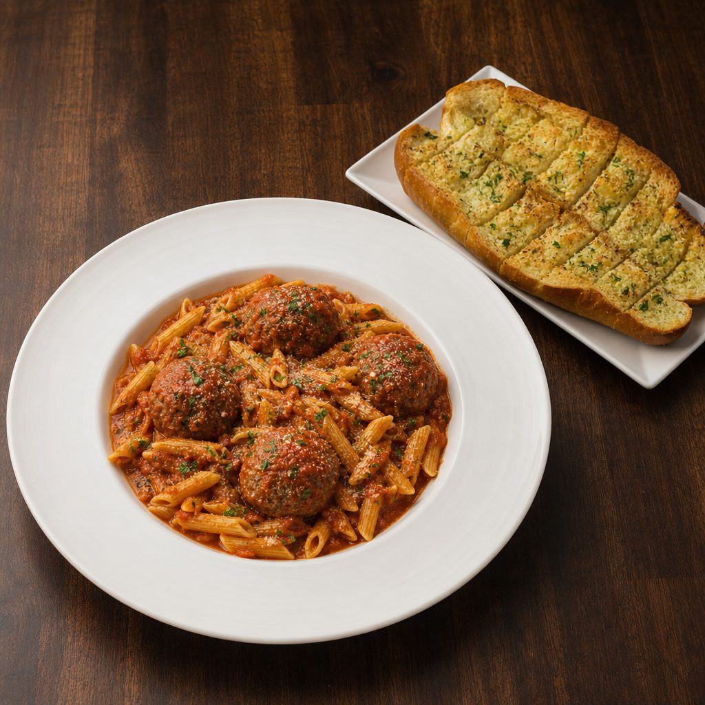 1/2 Tray Pasta with Meatballs & Garlic Bread.