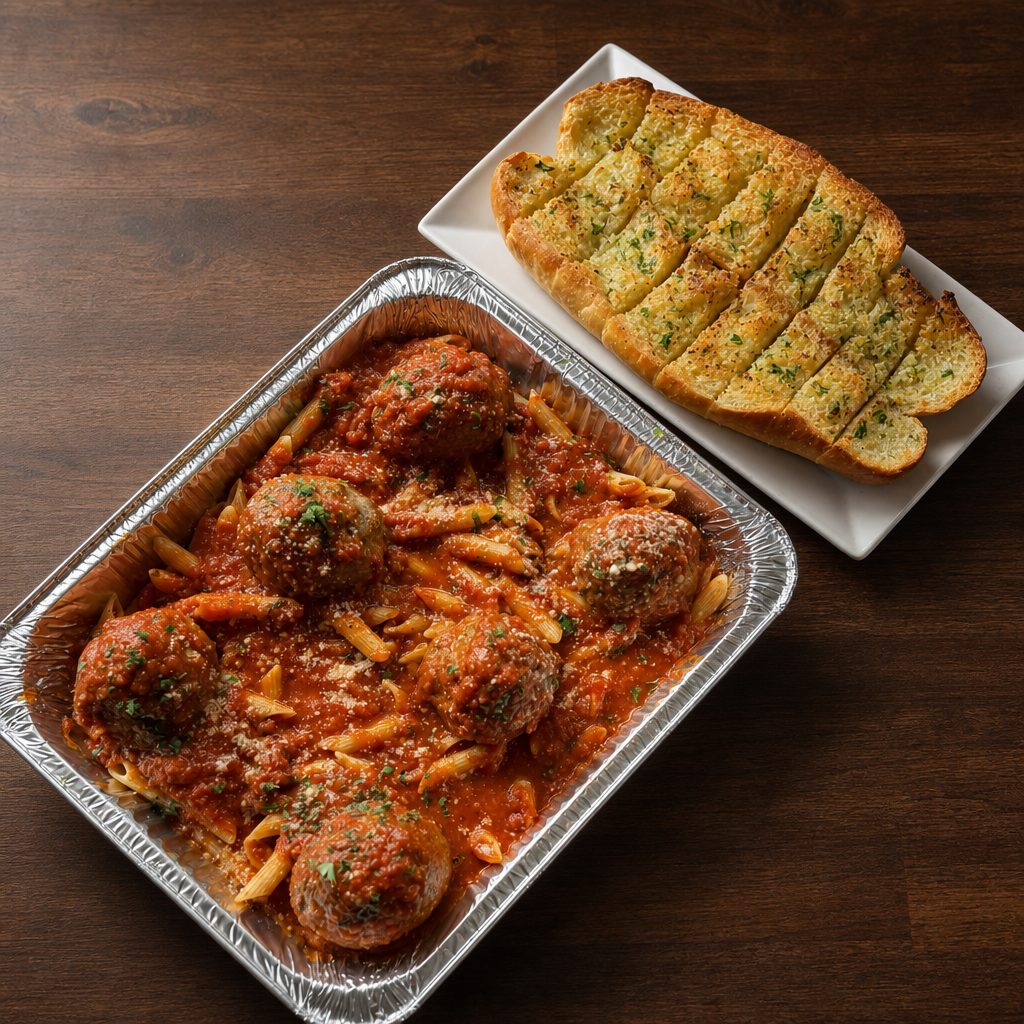 1/2 Tray Pasta with Meatballs & Garlic Bread.